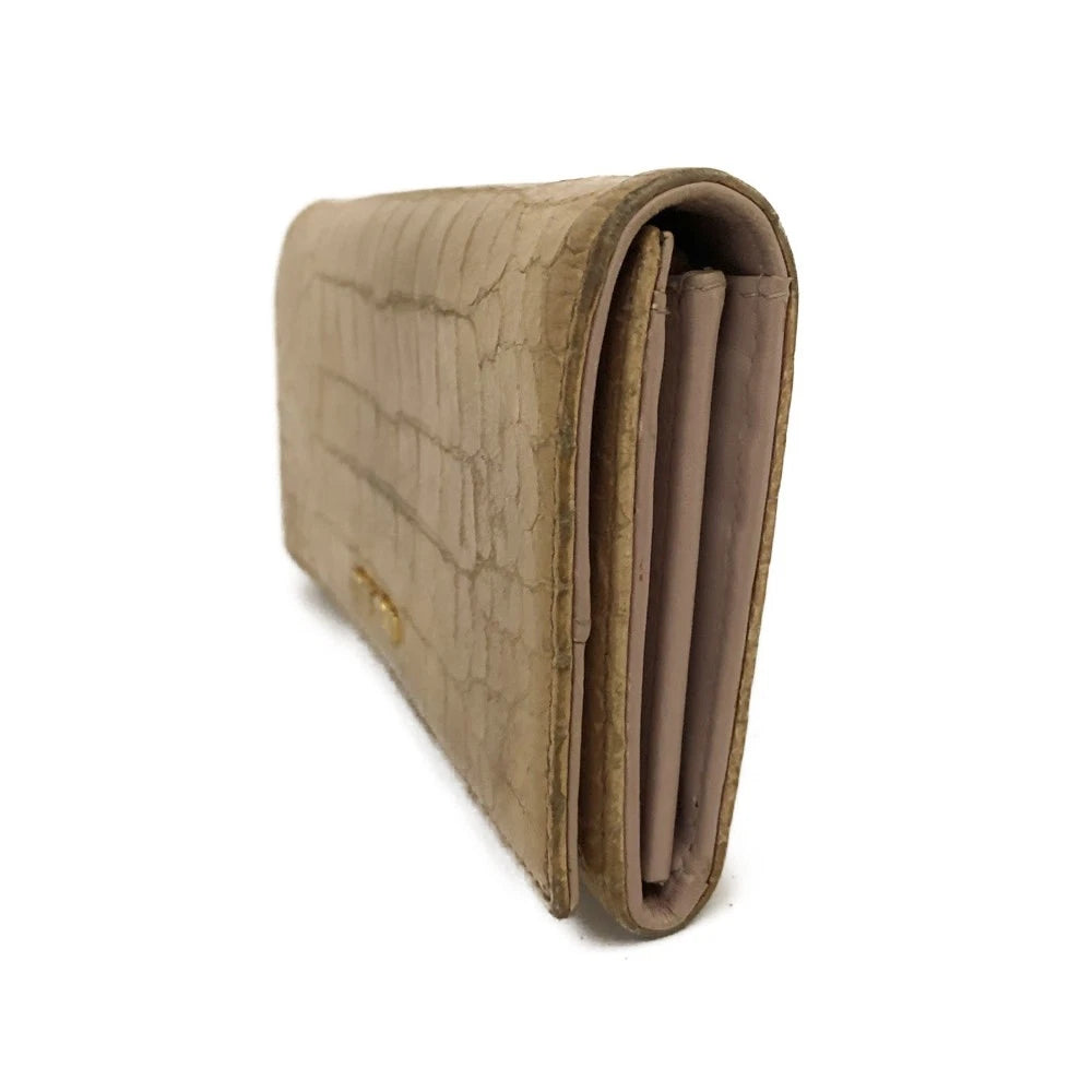 MIU MIU Logo Embossed Leather Long Bifold Wallet Beige