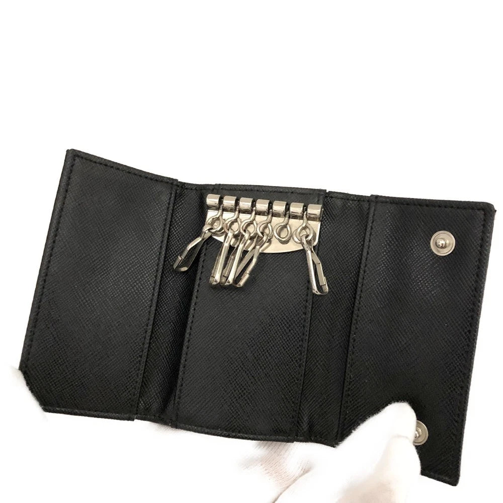 PRADA Logo Plate Nylon 6 Ring Key Case Black