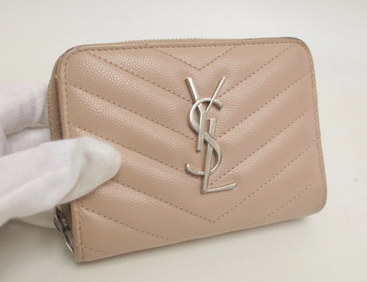 YSL Saint Laurent Leather V stitch Zip Around Compact Wallet