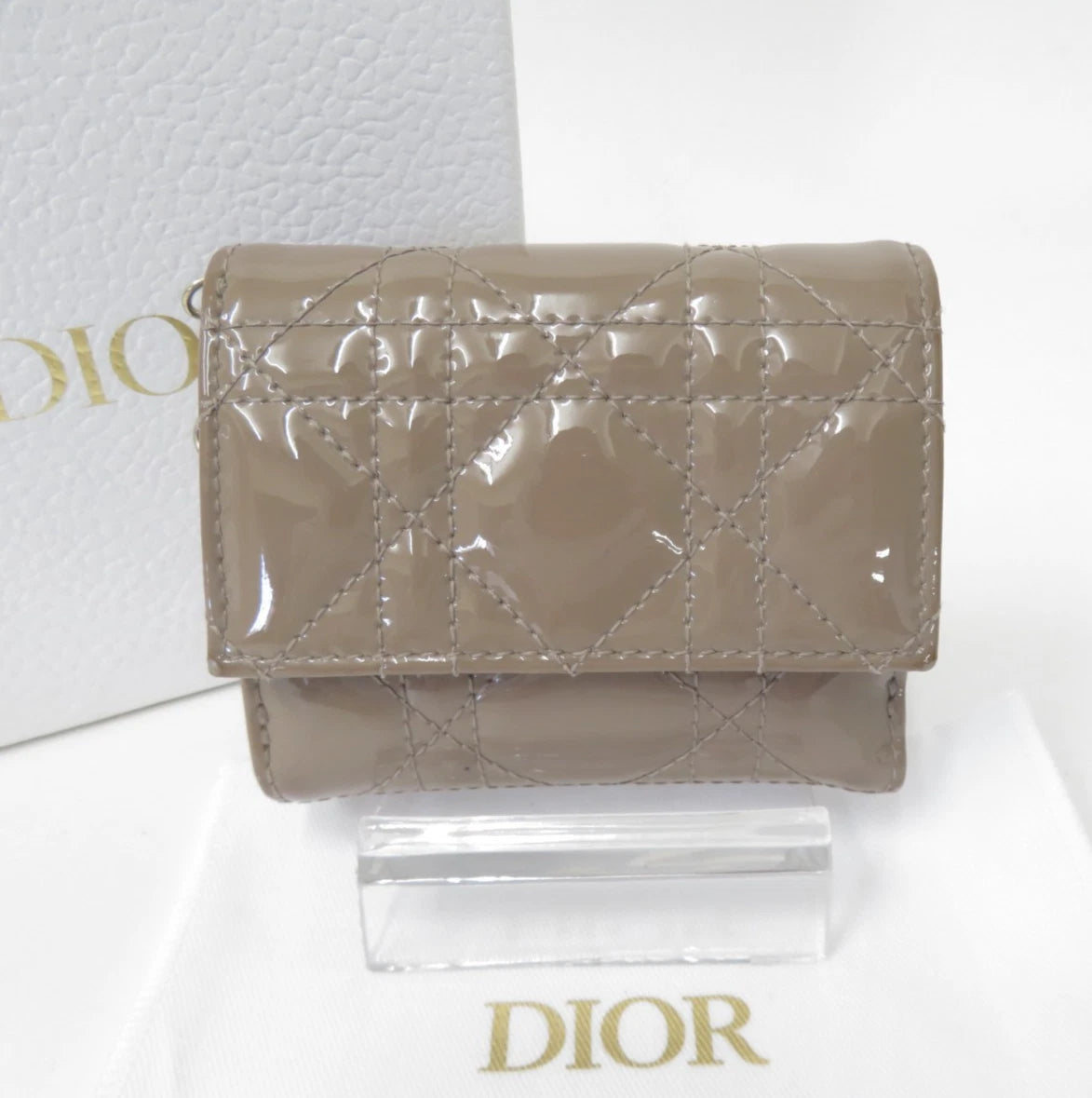 Christian DIOR Cannage Patent Leather Trifold Compact Wallet