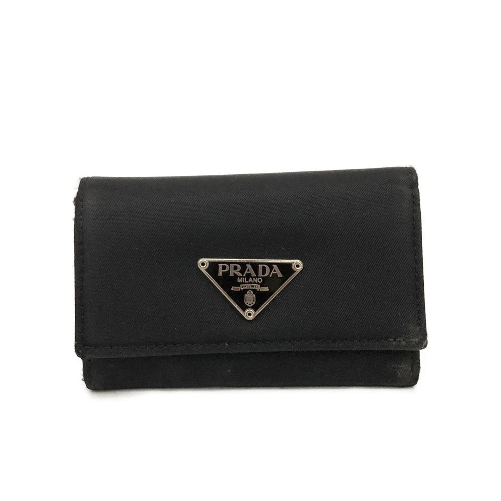 PRADA Logo Plate Nylon 6 Ring Key Case Black