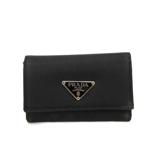 PRADA Logo Plate Nylon 6 Ring Key Case Black