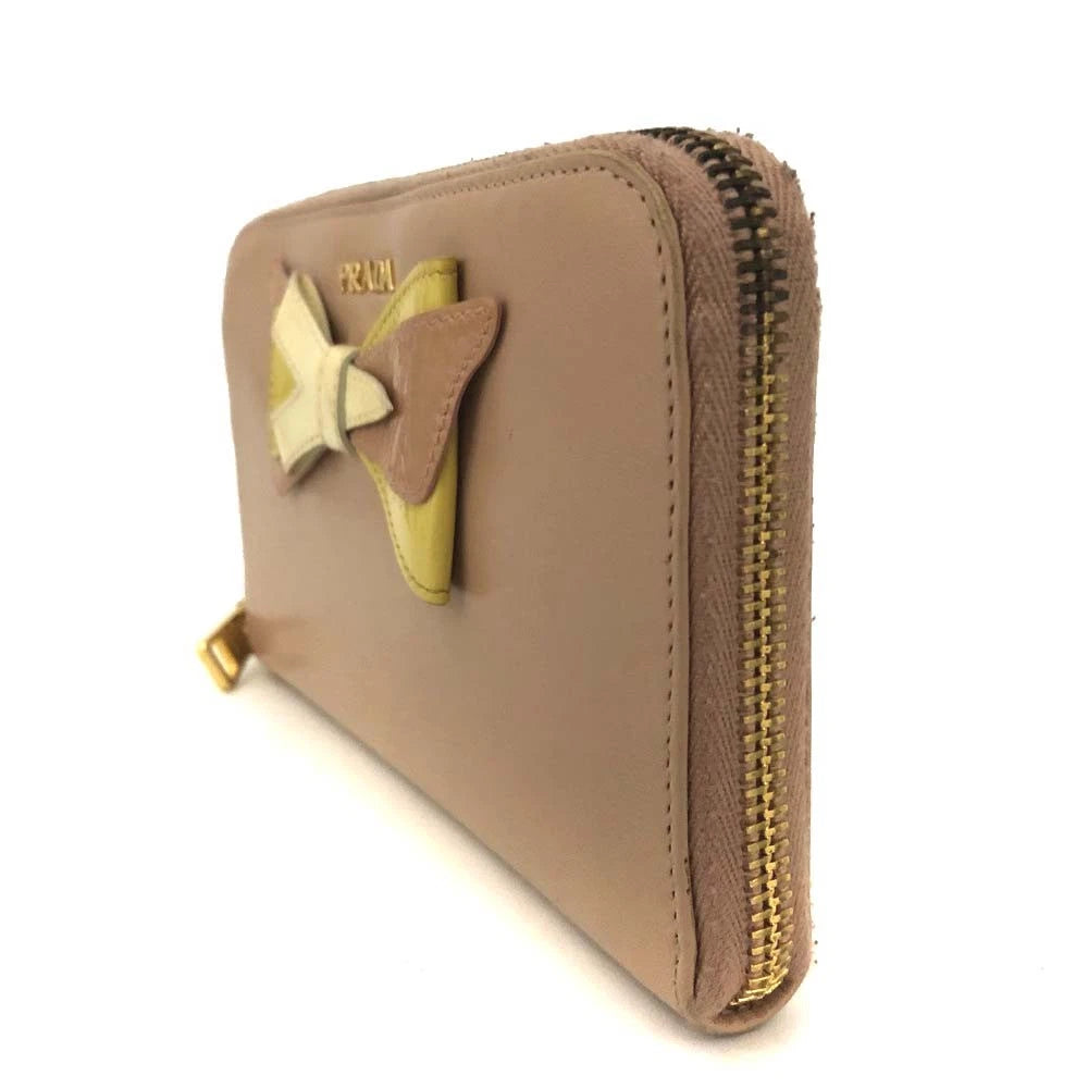 $925 PRADA Logo Ribbon Leather Long Bifold Wallet Light Pink