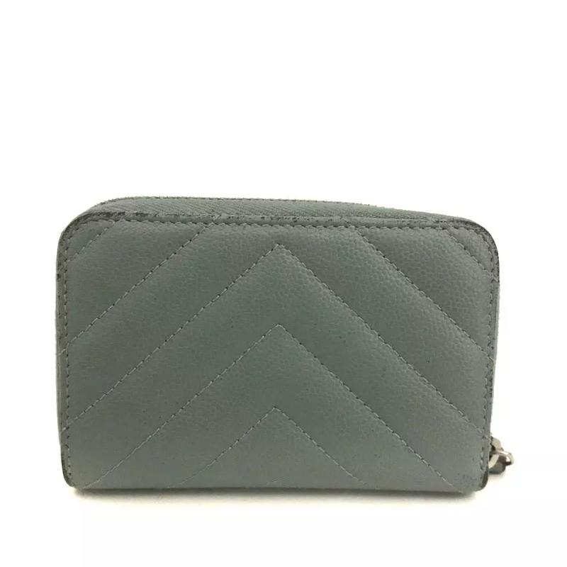 Chanel  Calfskin Chevron Quilted Zip Around Coin Purse Grey Blue
