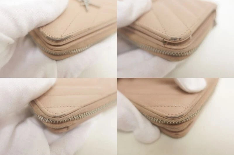 YSL Saint Laurent Leather V stitch Zip Around Compact Wallet