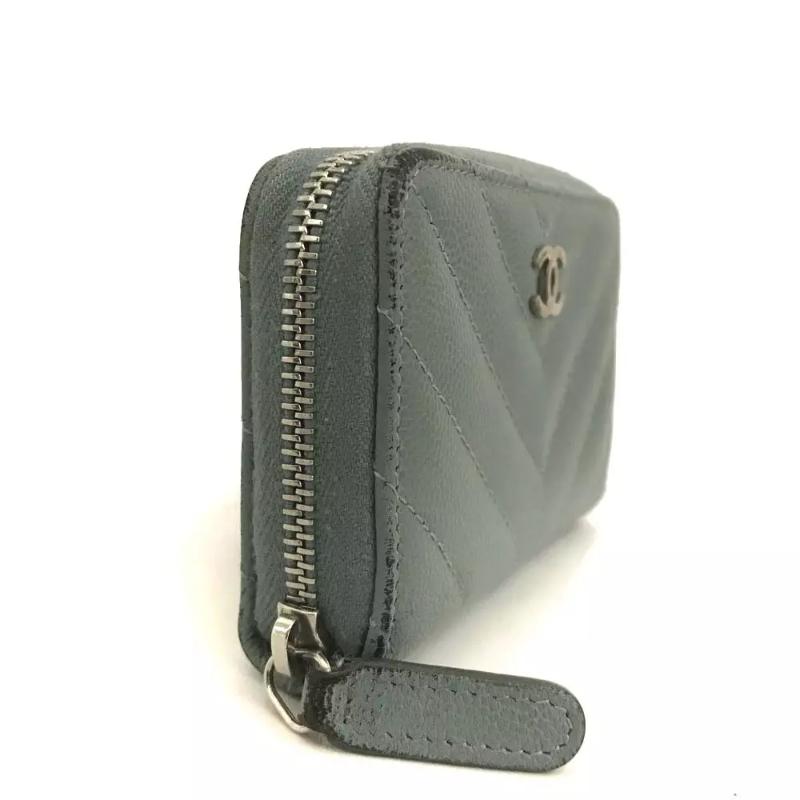 Chanel  Calfskin Chevron Quilted Zip Around Coin Purse Grey Blue