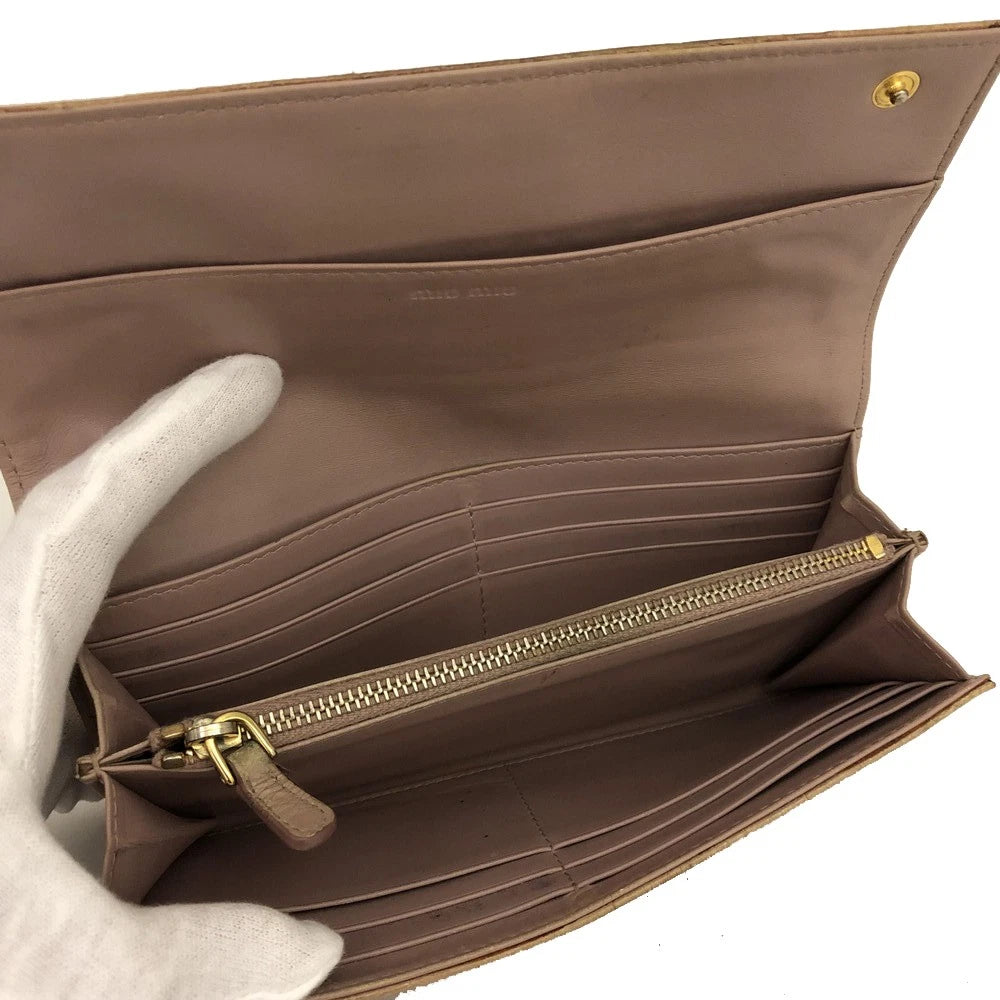 MIU MIU Logo Embossed Leather Long Bifold Wallet Beige
