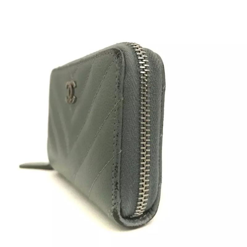 Chanel  Calfskin Chevron Quilted Zip Around Coin Purse Grey Blue