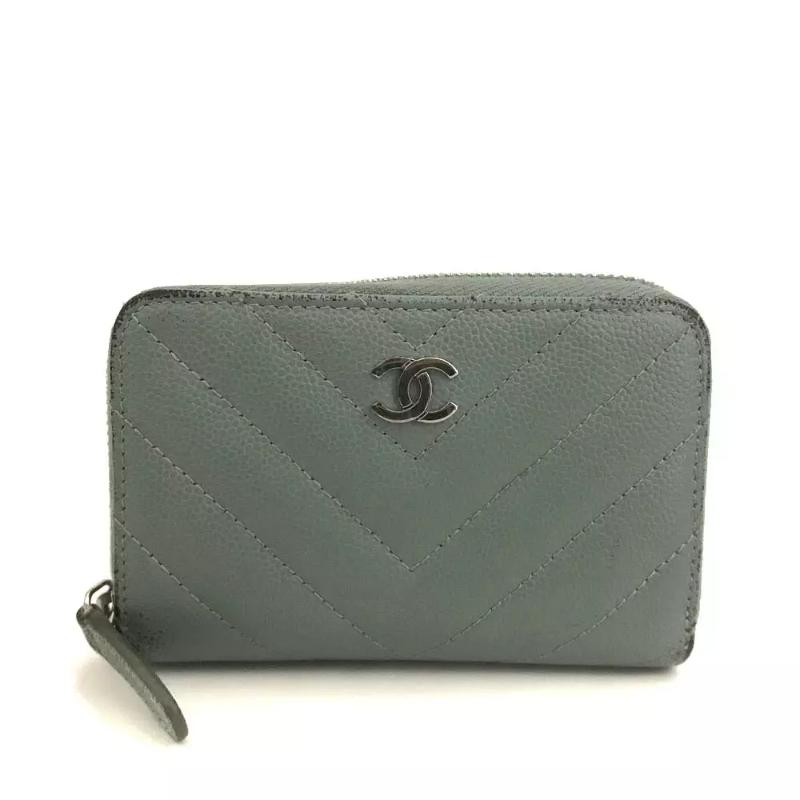 Chanel  Calfskin Chevron Quilted Zip Around Coin Purse Grey Blue