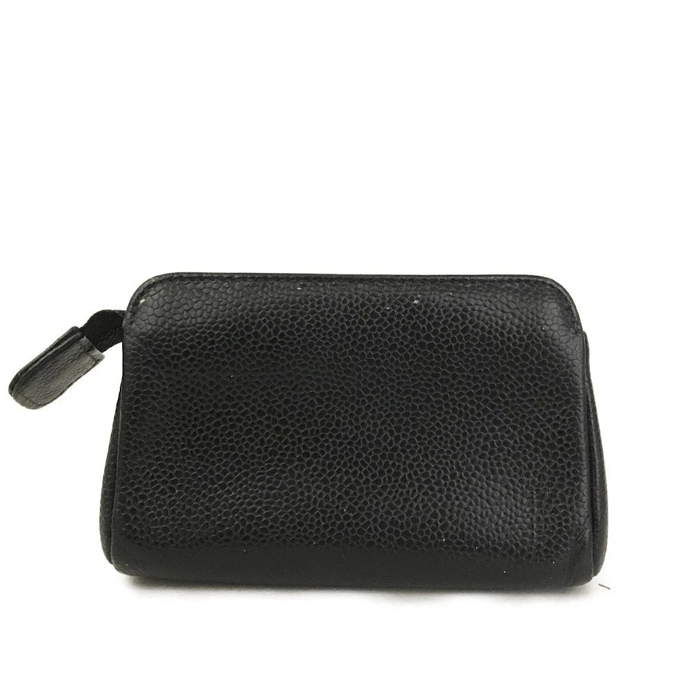 CHANEL CC Logo Grained Calfskin Cosmetic Pouch Bag Black