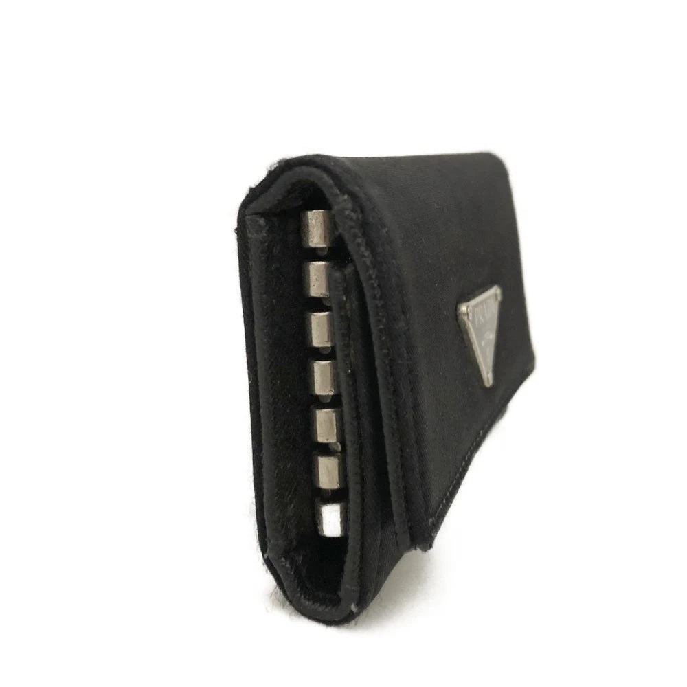 PRADA Logo Plate Nylon 6 Ring Key Case Black