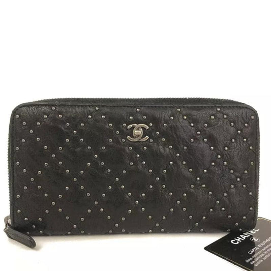 Chanel  Crumpled Lambskin Studded Paris Dallas Zip Around Wallet Black