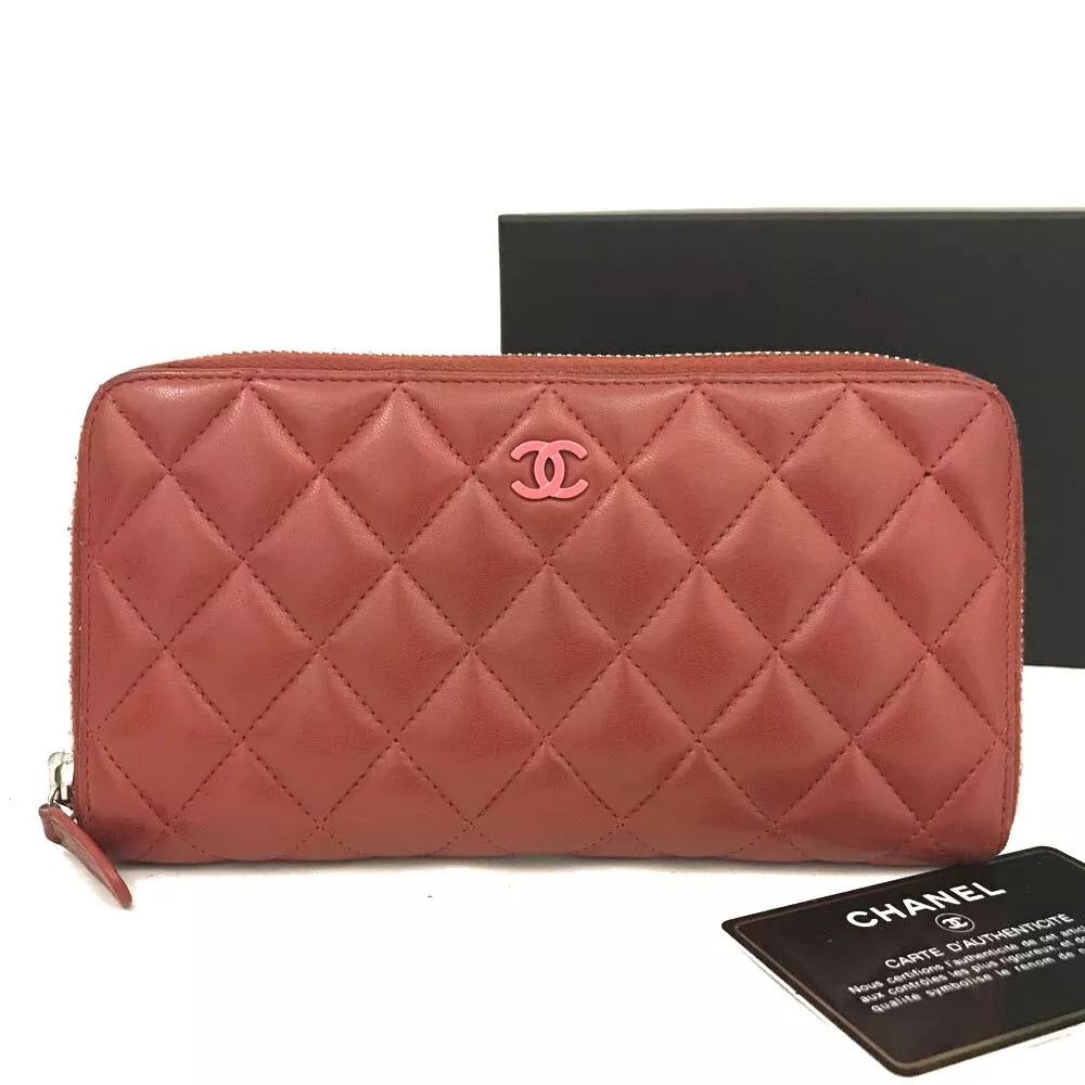 Chanel  Lambskin Quilted Large Gusset Zip Around Wallet Red