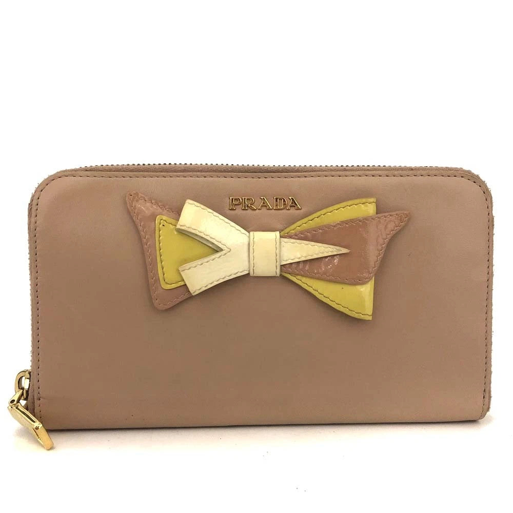 $925 PRADA Logo Ribbon Leather Long Bifold Wallet Light Pink