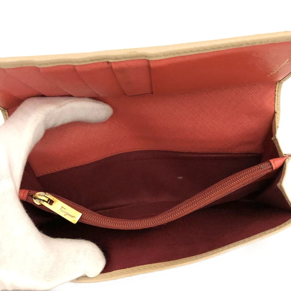 Salvatore Ferragamo Vara Ribbon Leather Long Bifold Wallet Beige
