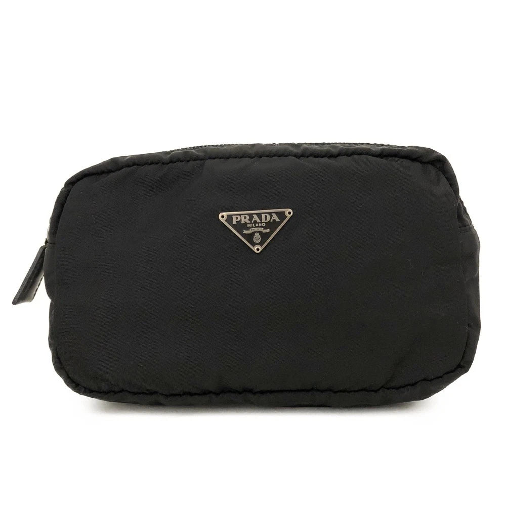 $625 PRADA Logo Plate Nylon Cosmetic Pouch Bag Black