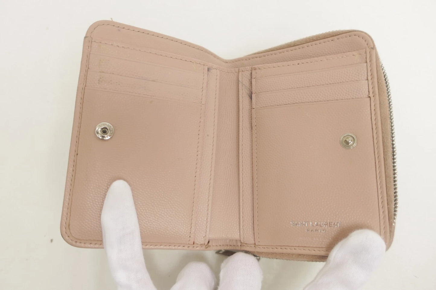 YSL Saint Laurent Leather V stitch Zip Around Compact Wallet
