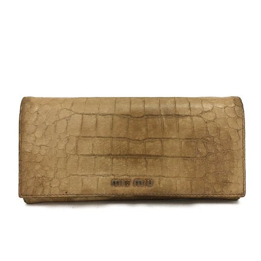 MIU MIU Logo Embossed Leather Long Bifold Wallet Beige