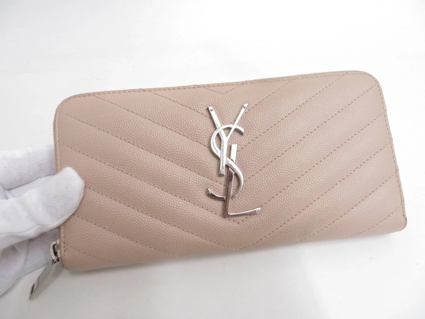 YSL Saint Laurent Leather V stitch Zip Around Long Wallet