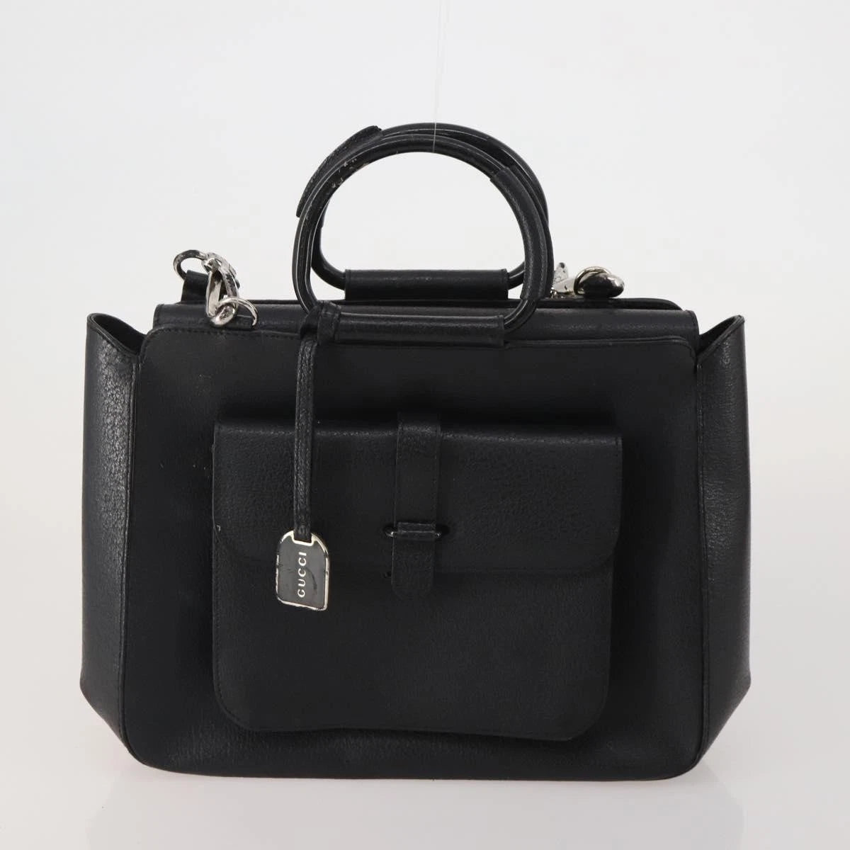 GUCCI Leather Tote Bag Black Medium Bamboo