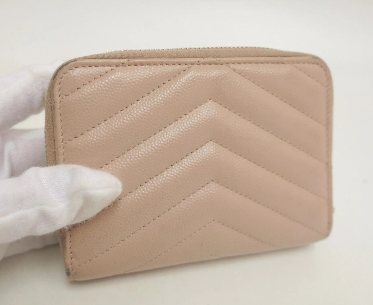 YSL Saint Laurent Leather V stitch Zip Around Compact Wallet