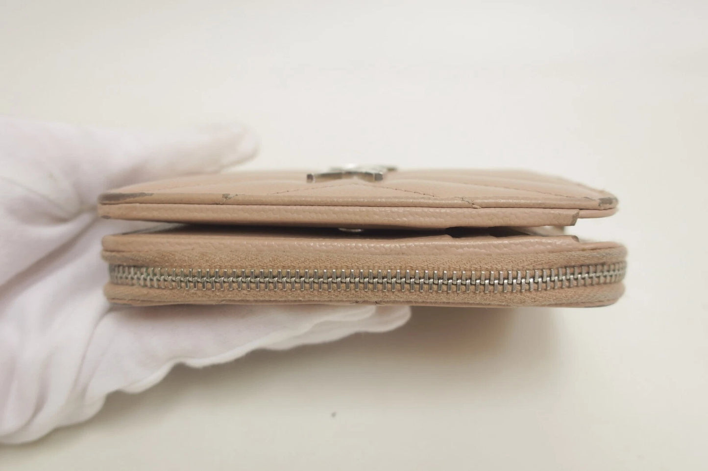 YSL Saint Laurent Leather V stitch Zip Around Compact Wallet