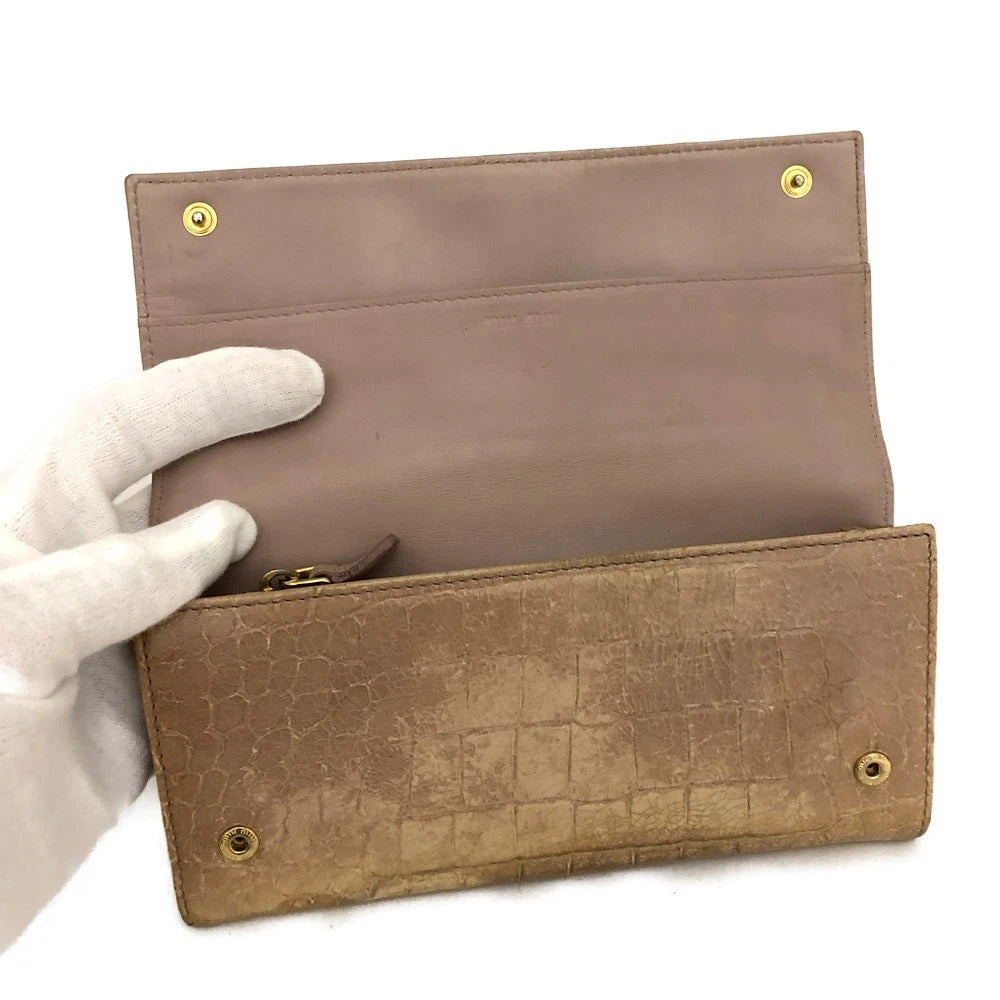 MIU MIU Logo Embossed Leather Long Bifold Wallet Beige