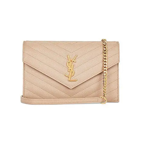 NEW Saint Laurent Grain De Poudre Matelasse Chevron Monogram Envelope Chain Wallet Nude Powder