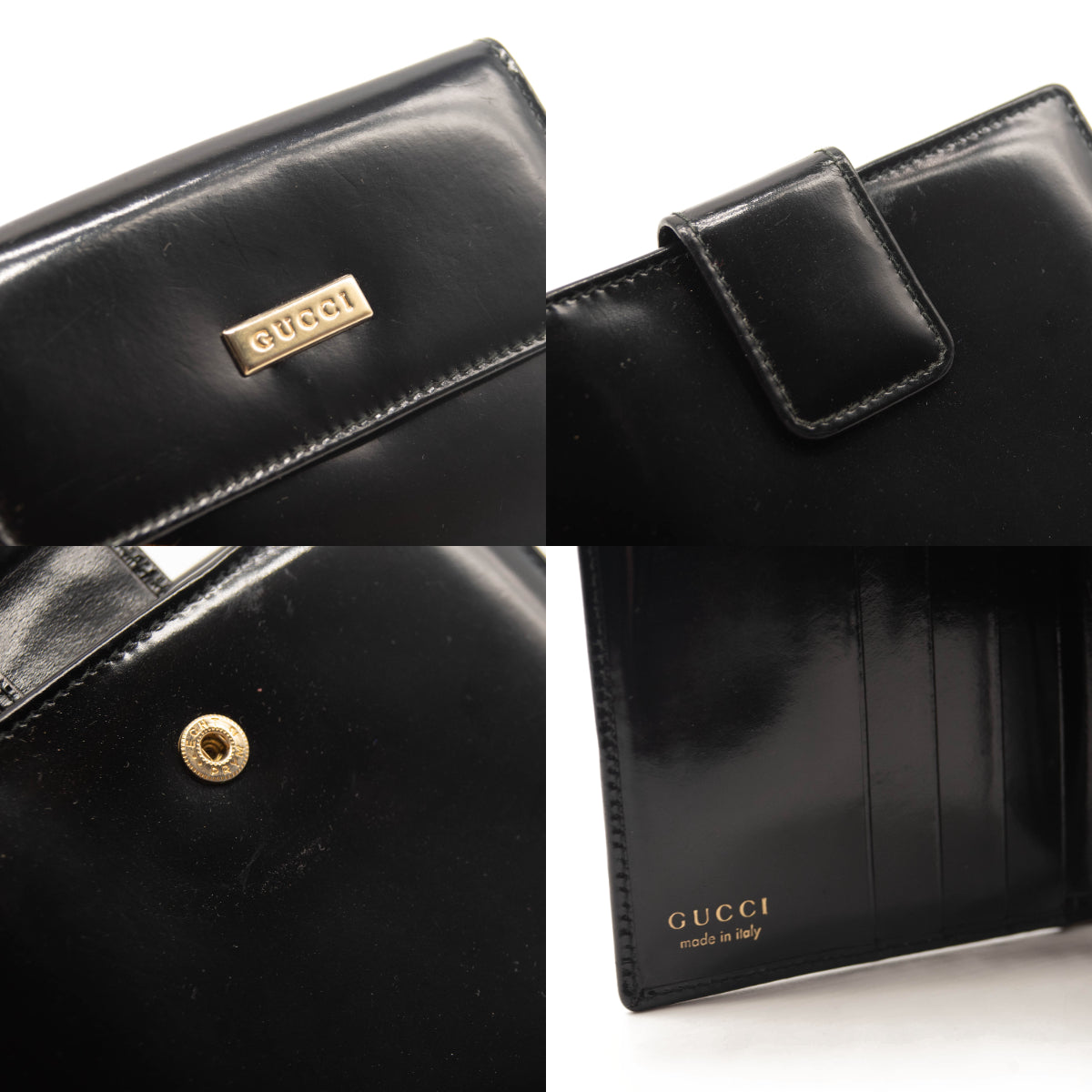 Gucci Vintage Leather French Purse Wallet Bifold Card Holder Black Patent