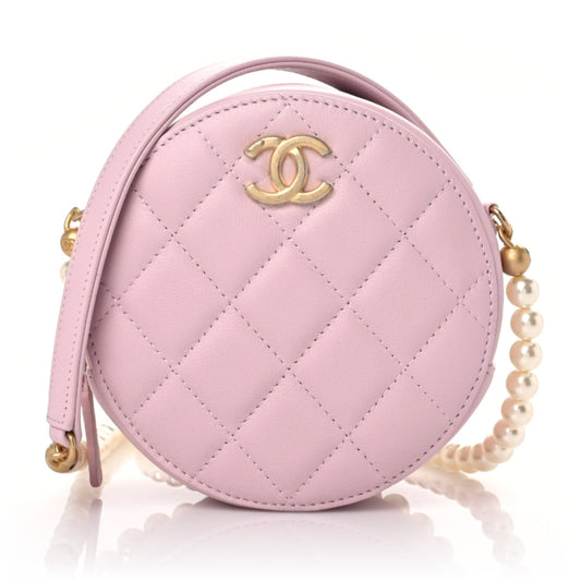 Chanel Calfskin Quilted Pearl Round Clutch With Chain Light Pink