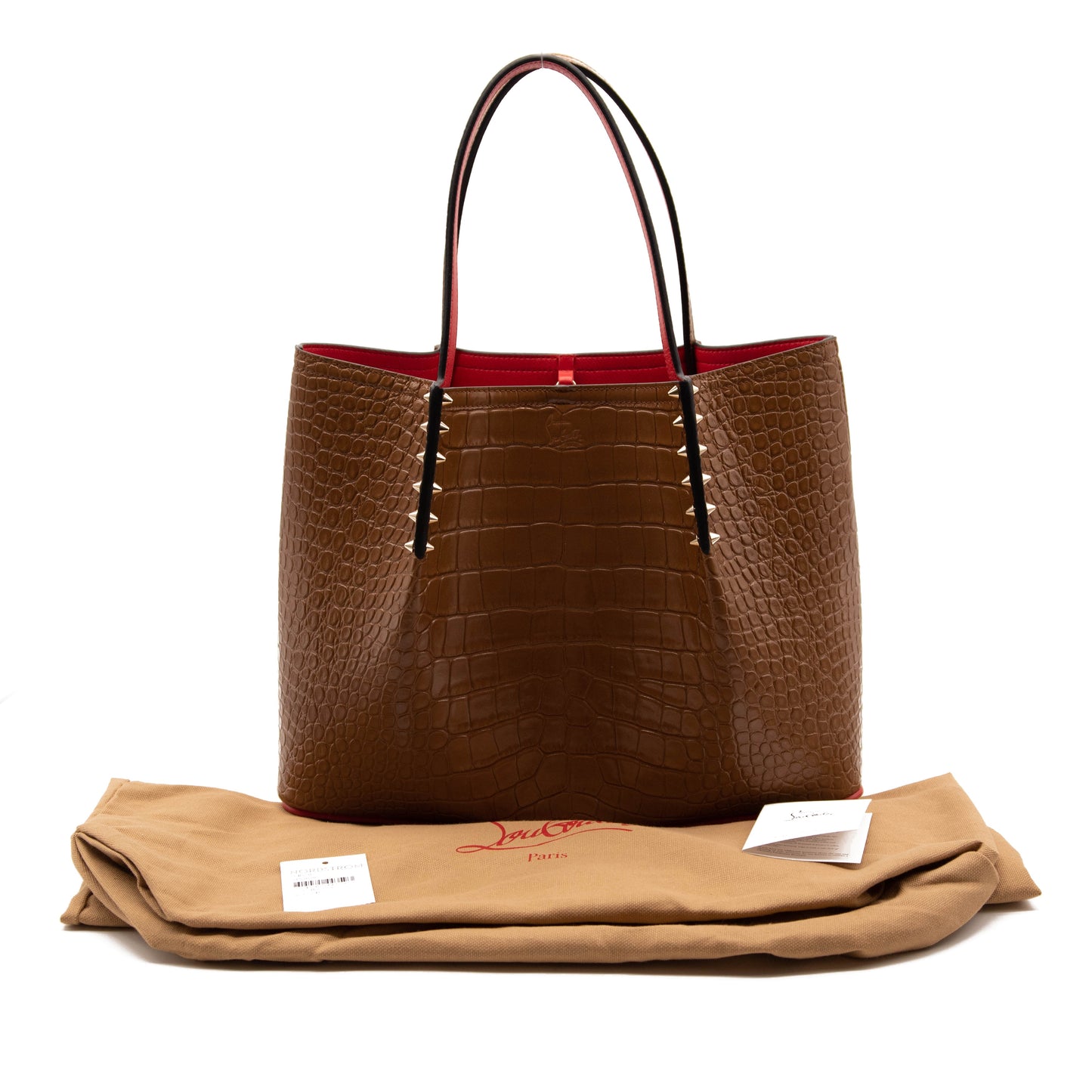 NEW Christian Louboutin Large Cabarock Croc Embossed Leather Tote Brown