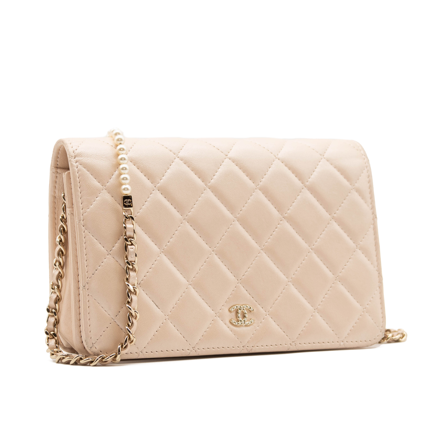 Chanel Iridescent Lambskin Quilted Pearl Wallet On Chain WOC Light Beige Pink