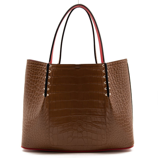 NEW Christian Louboutin Large Cabarock Croc Embossed Leather Tote Brown