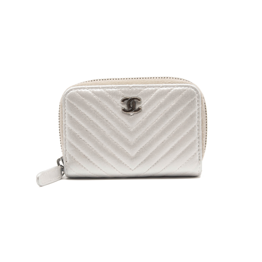 Chanel Metallic Lambskin Chevron Quilted Zip Coin Purse Silver Wallet