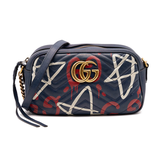 Gucci Marmont Calfskin Matelasse Gucci ghost Chain Blue Leather Shoulder Bag