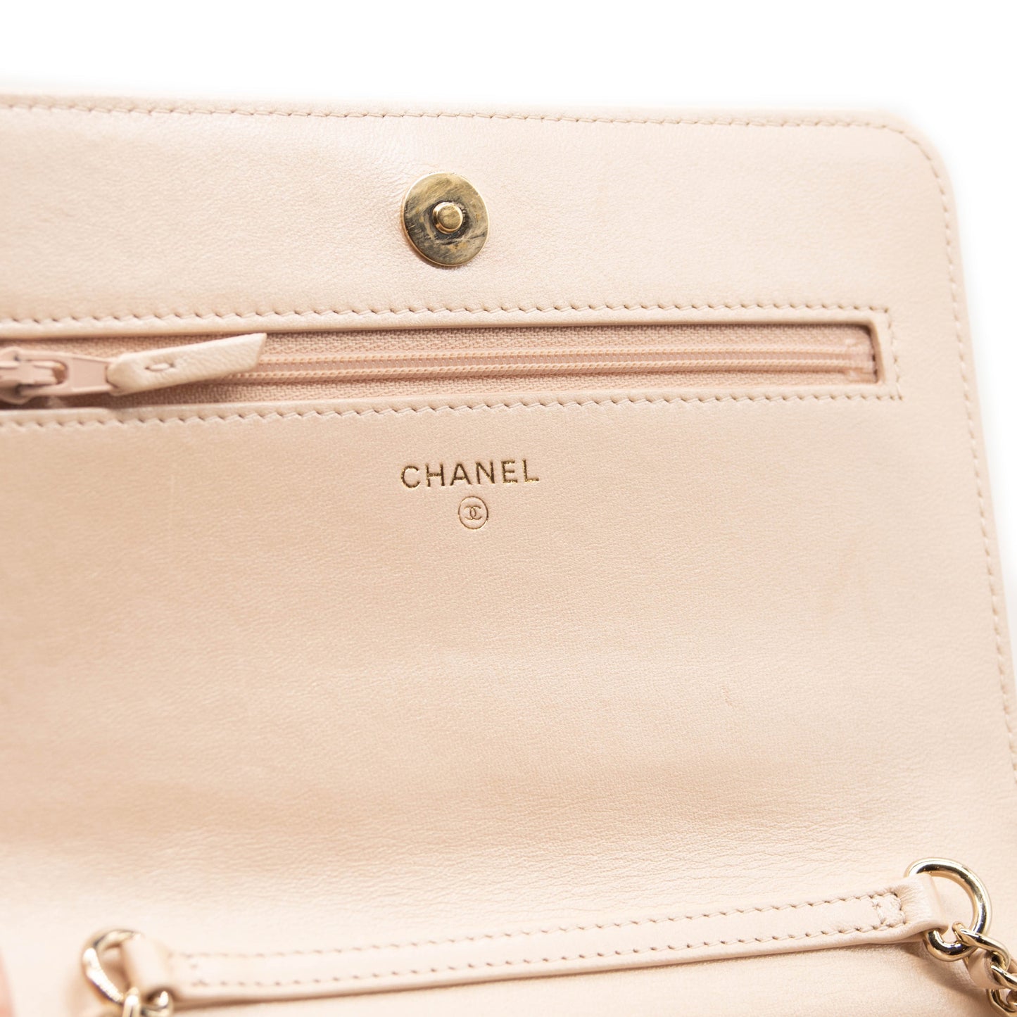 Chanel Iridescent Lambskin Quilted Pearl Wallet On Chain WOC Light Beige Pink