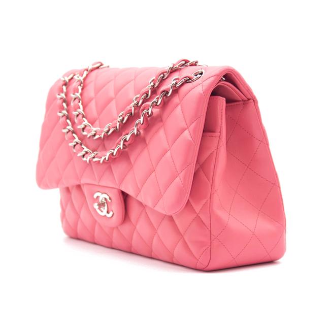 Chanel Double Flap Quilted Jumbo Pink Lambskin Leather Shoulder Bag