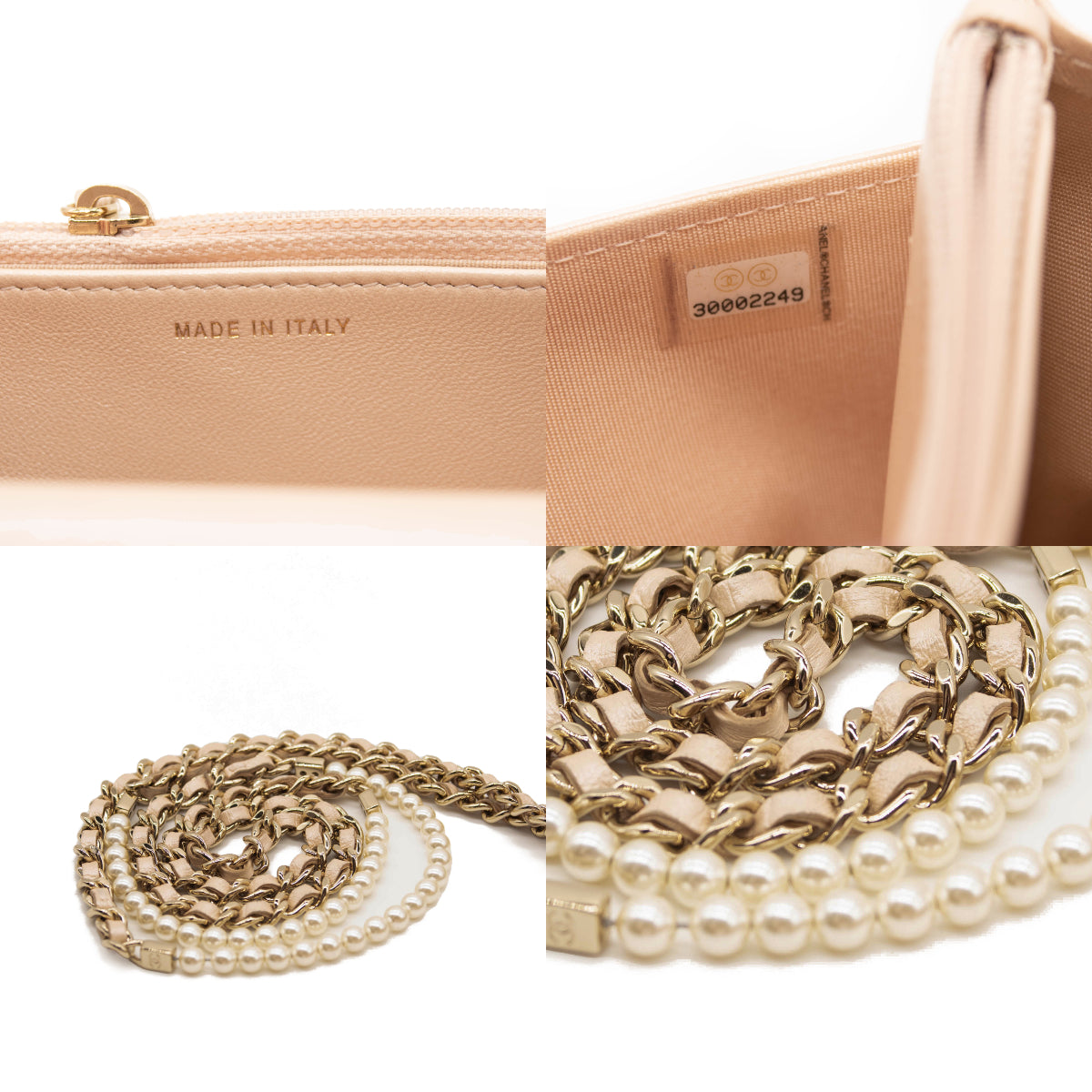 Chanel Iridescent Lambskin Quilted Pearl Wallet On Chain WOC Light Beige Pink