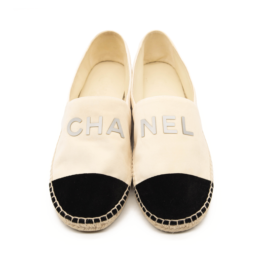 Chanel Beige Velvet Logo Espadrilles Black Mules/Slides