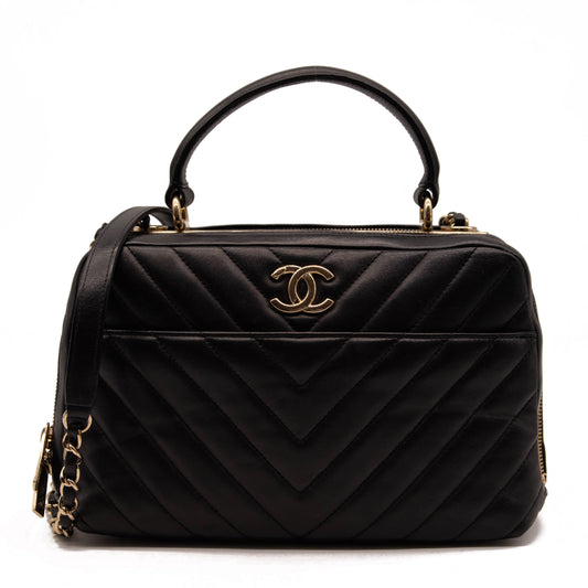 Chanel Lambskin Chevron Quilted Small Trendy CC Bowling Bag Black with Gold Hardware