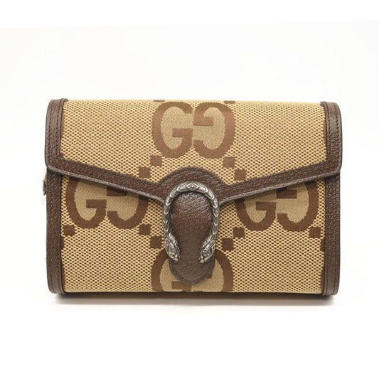 GUCCI Monogram Jumbo GG Textured Dollar Calfskin Mini Dionysus Chain Wallet Camel Ebony New Acero
