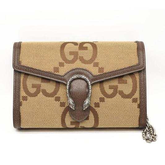 GUCCI Monogram Jumbo GG Textured Dollar Calfskin Mini Dionysus Chain Wallet Camel Ebony New Acero