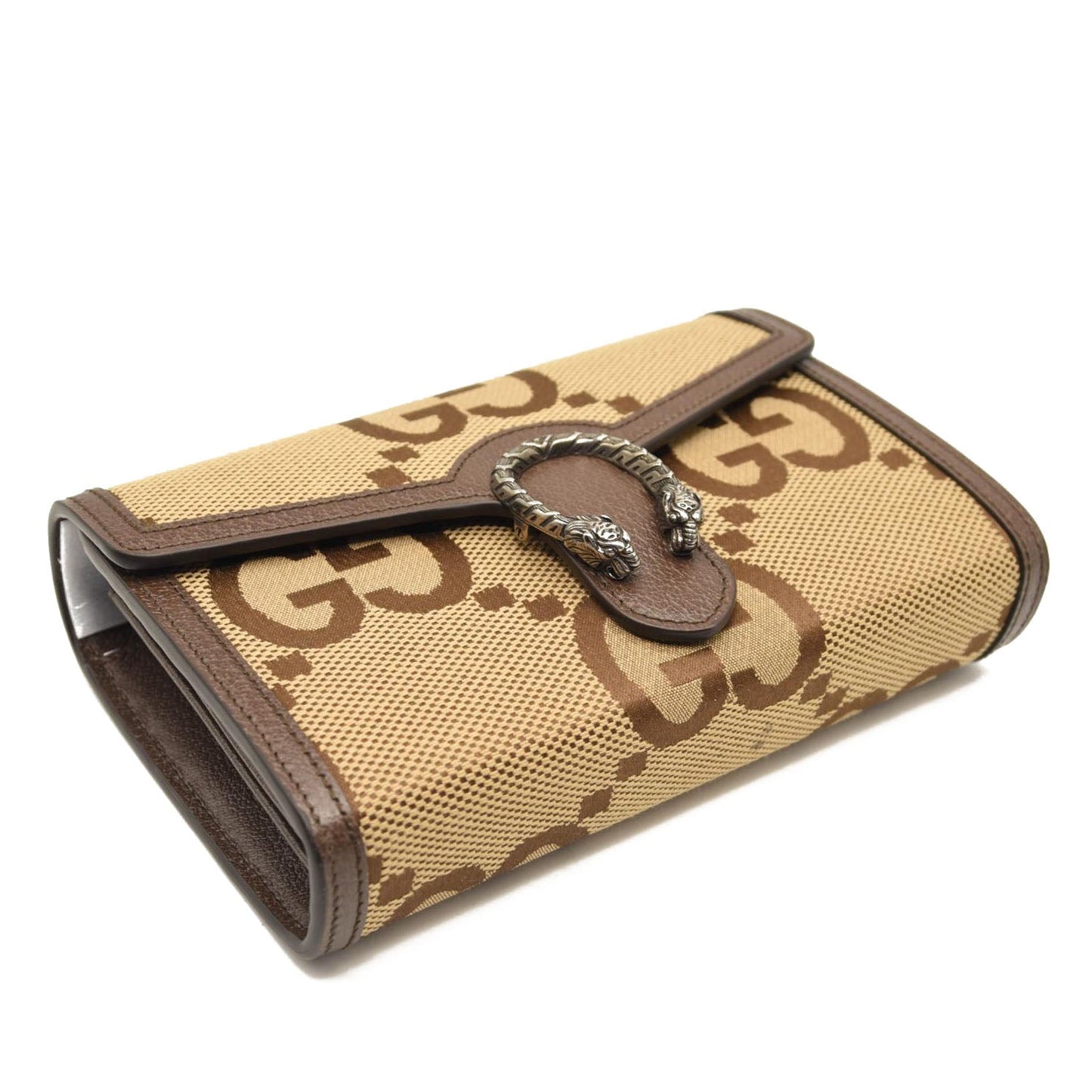 GUCCI Monogram Jumbo GG Textured Dollar Calfskin Mini Dionysus Chain Wallet Camel Ebony New Acero