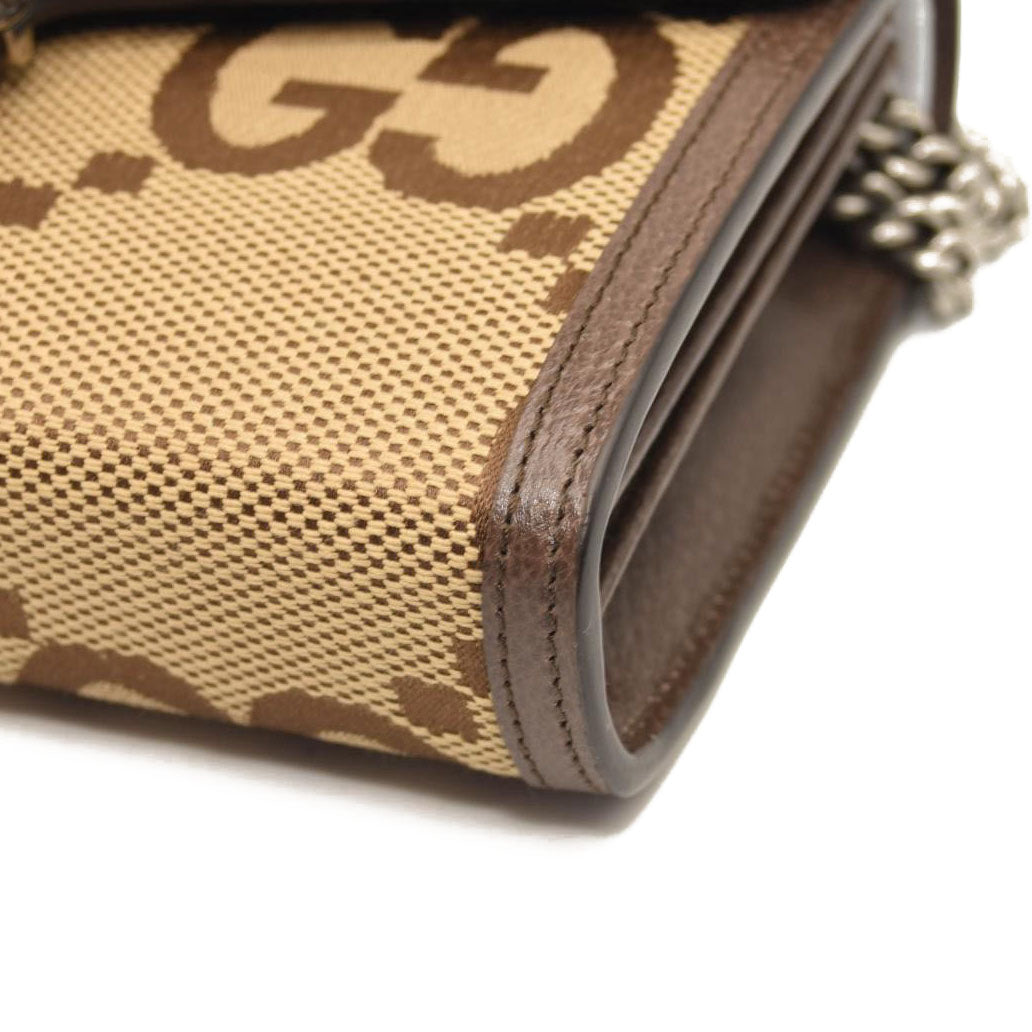 GUCCI Monogram Jumbo GG Textured Dollar Calfskin Mini Dionysus Chain Wallet Camel Ebony New Acero