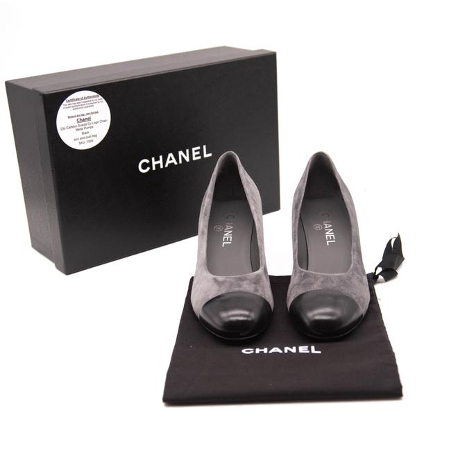 Chanel Grey Black 20c Calfskin Suede Cc Logo Chain Metal Pumps