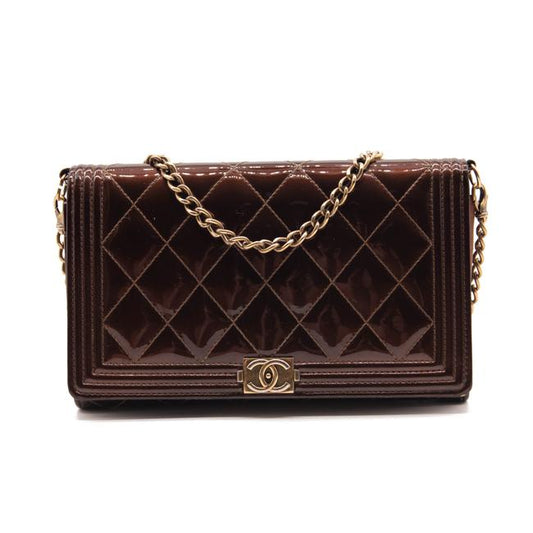 Chanel Wallet on Chain Boy Calfskin Quilted Woc Brown Patent Leather Shoulder Bag