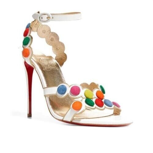 NEW Christian Louboutin White Smartissima 100 Suede-trimmed Leather Sandals