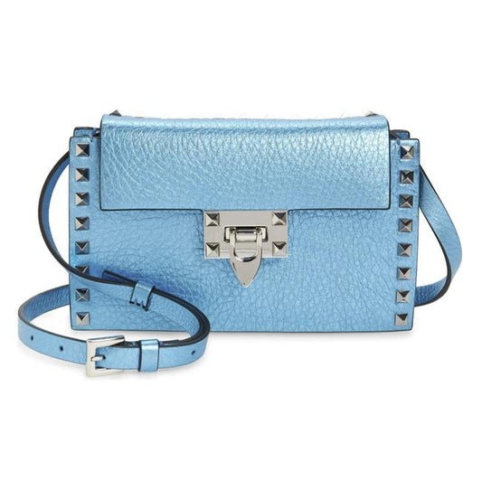 NEW Valentino Small Rockstud Metallic Blue Leather Shoulder Bag