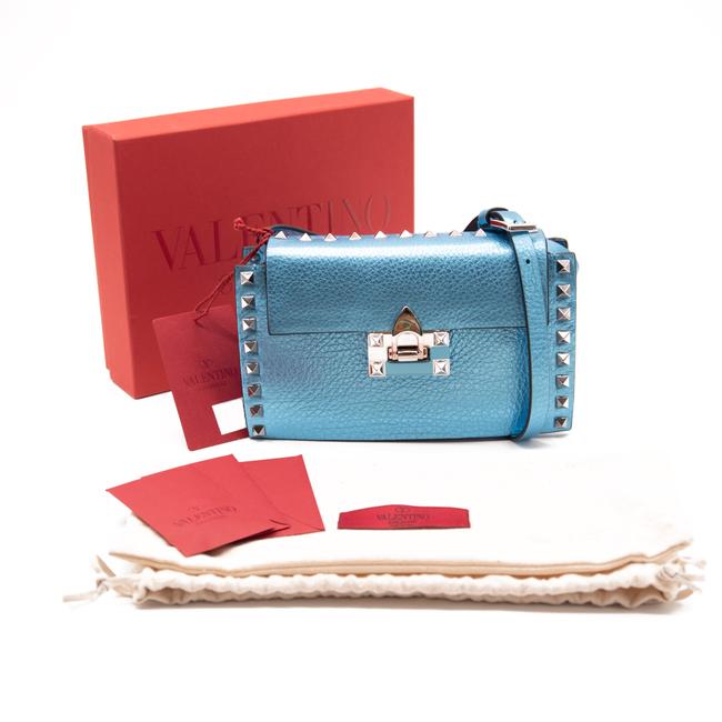 NEW Valentino Small Rockstud Metallic Blue Leather Shoulder Bag