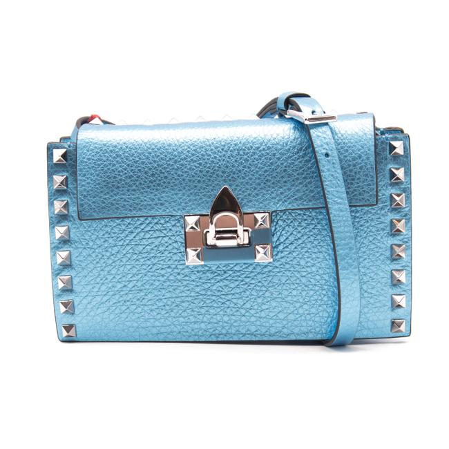 NEW Valentino Small Rockstud Metallic Blue Leather Shoulder Bag